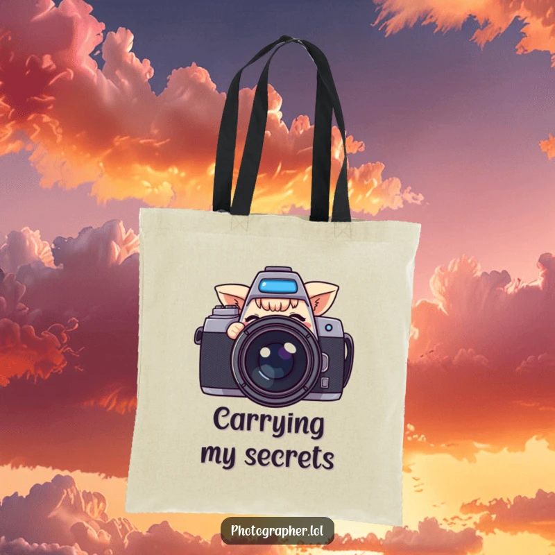 Funny tote bag featuring a playful character peeking from behind a large camera, offering a wink, ideal for daily use.