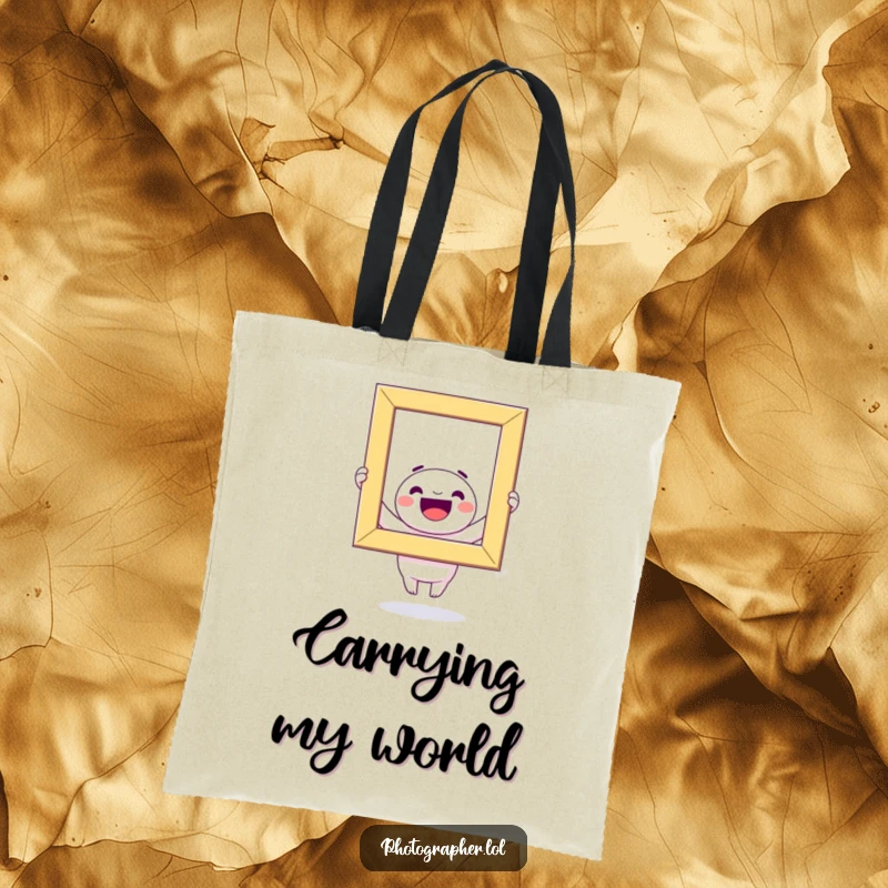 Funny Tote Bag: A beaming kawaii character joyfully holds a large, vibrant photo frame, ready to carry your treasures.