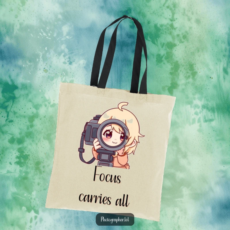Funny tote bag with a character looking through a camera viewfinder with a focused but cheerful expression, ideal for photographers on the go.