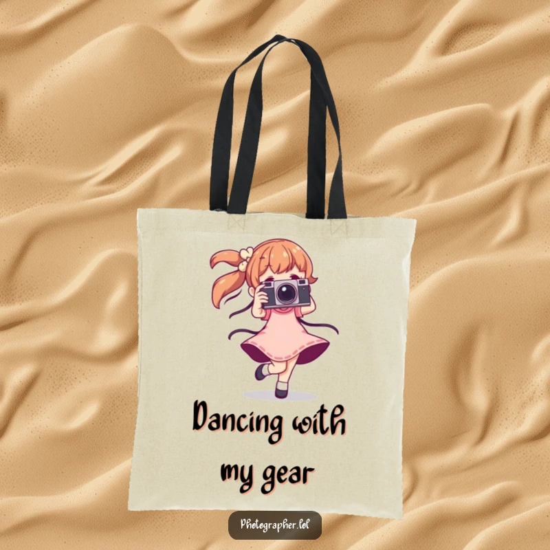 Funny dancing photographer tote bag with a character twirling joyfully with a vintage camera, a stylish and humorous accessory.