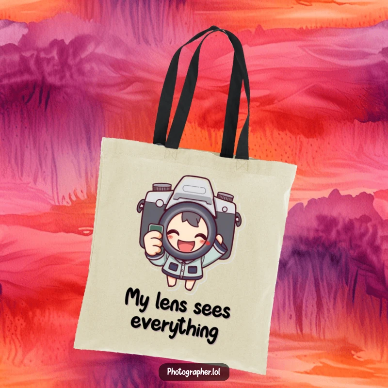 Funny tote bag showing a character enthusiastically using a camera shutter, perfect for photographers to carry their equipment in style.
