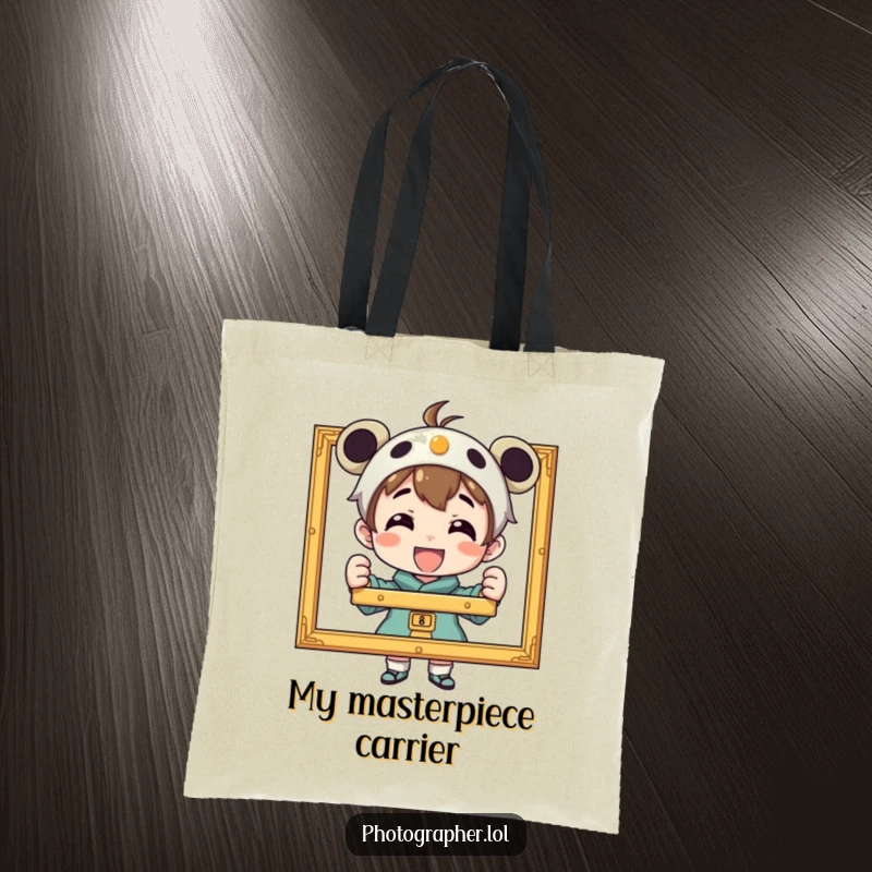 Funny tote bag depicting a character beaming with pride while holding a framed photograph, great for carrying gear and showing off.