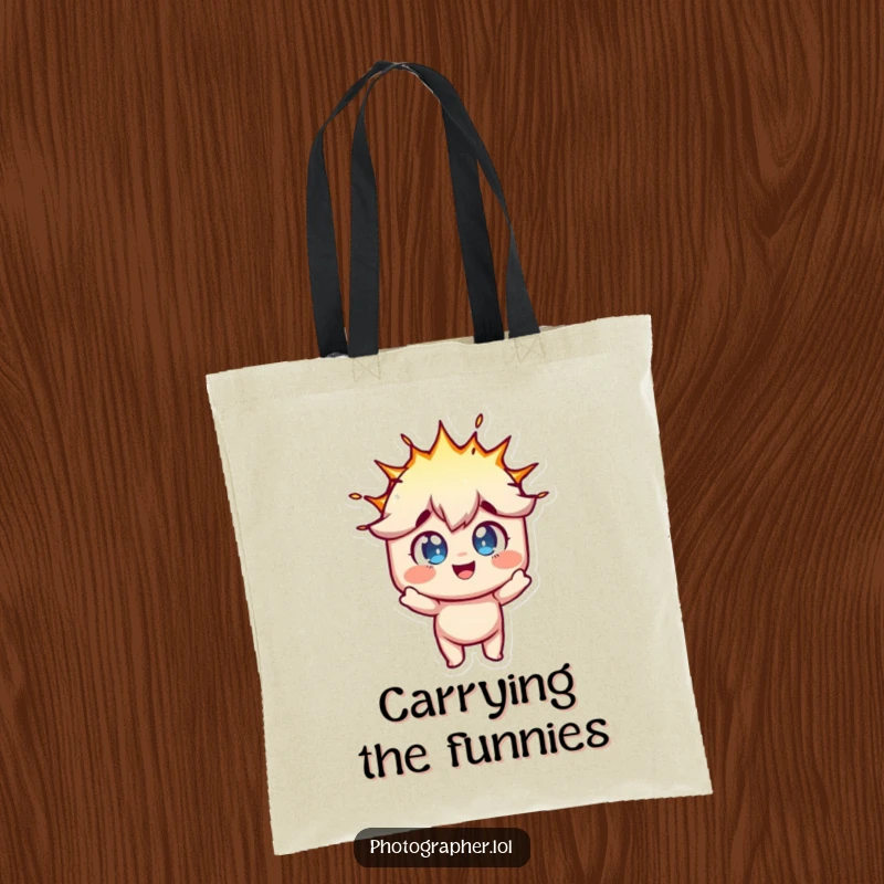 Funny tote bag showing a character with eyes wide in fun during a flash bulb explosion, great for carrying items.