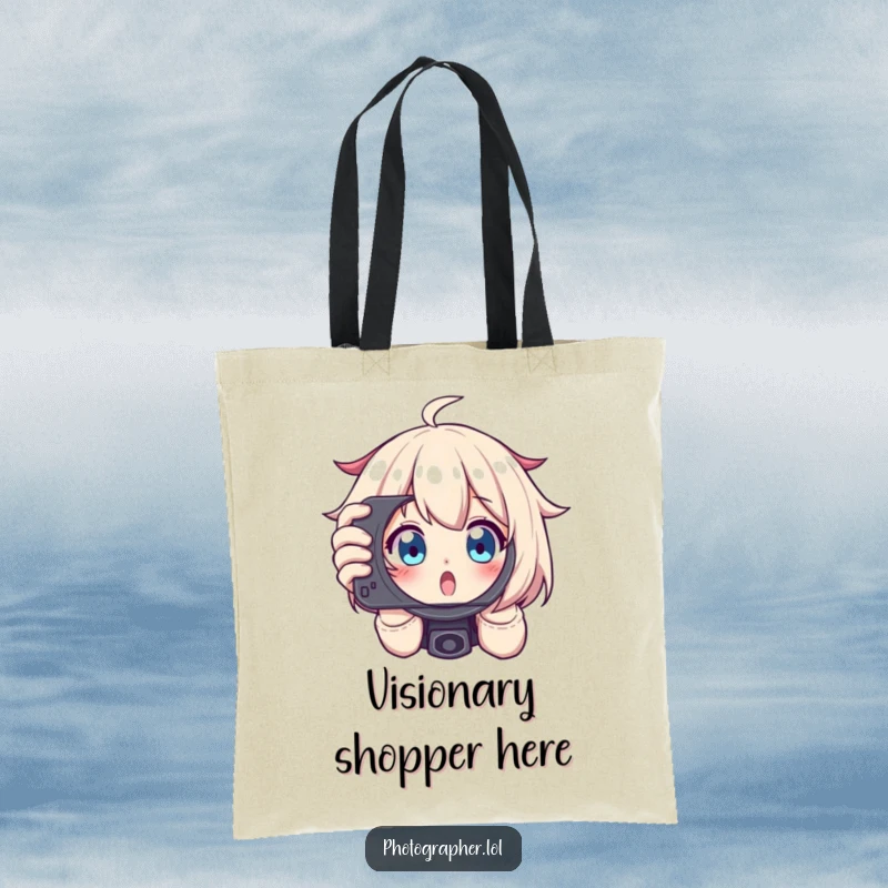 Funny tote bag with a character excitedly framing a shot, peeking through a viewfinder with wide eyes, a humorous accessory.