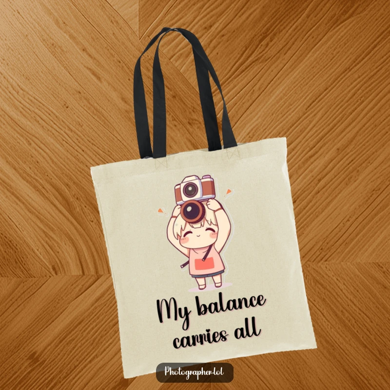 Funny tote bag featuring a character balancing a camera on their head with clumsy delight, perfect for carrying daily items with a humorous touch.