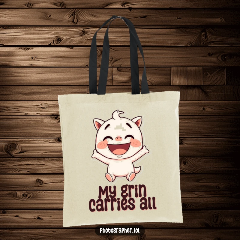 Funny tote bag featuring a character striking a silly pose with a wide, excited grin, perfect for carrying daily items with style.