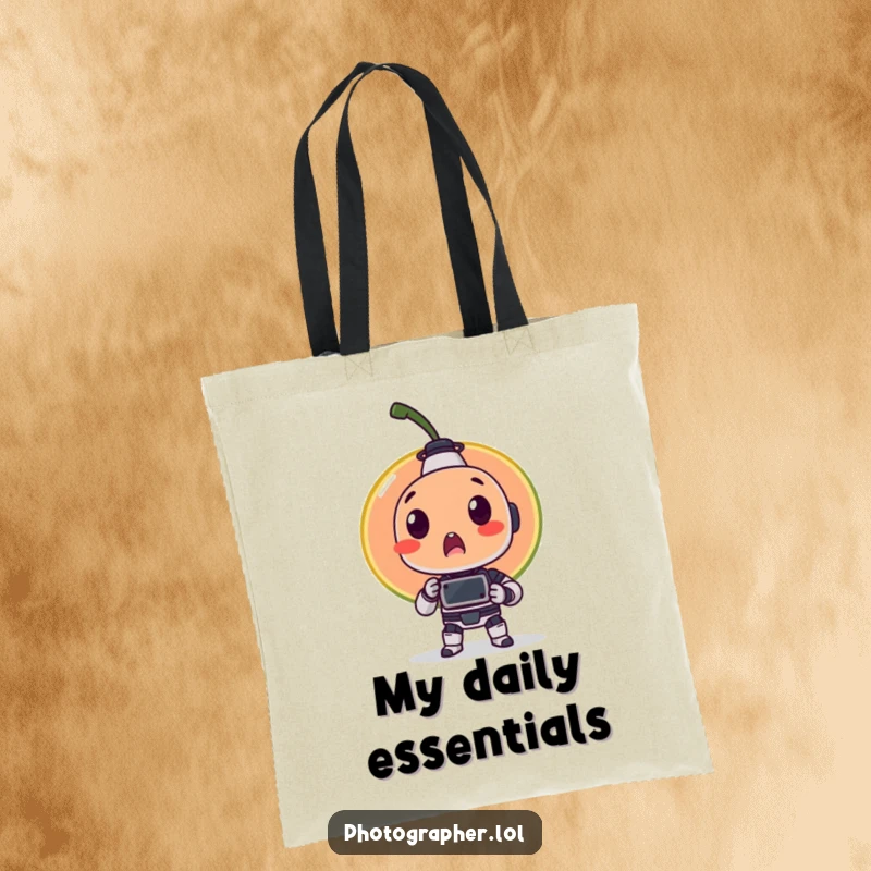 Funny tote bag featuring a surprised fruit being photographed by a tiny robot, a humorous accessory for daily use and art enthusiasts.