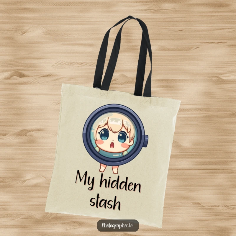 Funny Tote Bag showing a surprised character peeking from behind a large camera lens, perfect for carrying daily items.