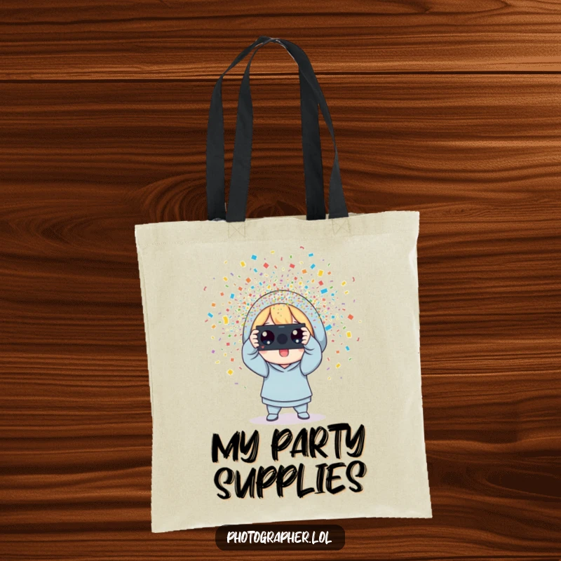 Funny photographer tote bag featuring a character snapping a photo with colorful confetti erupting, perfect for carrying party essentials.