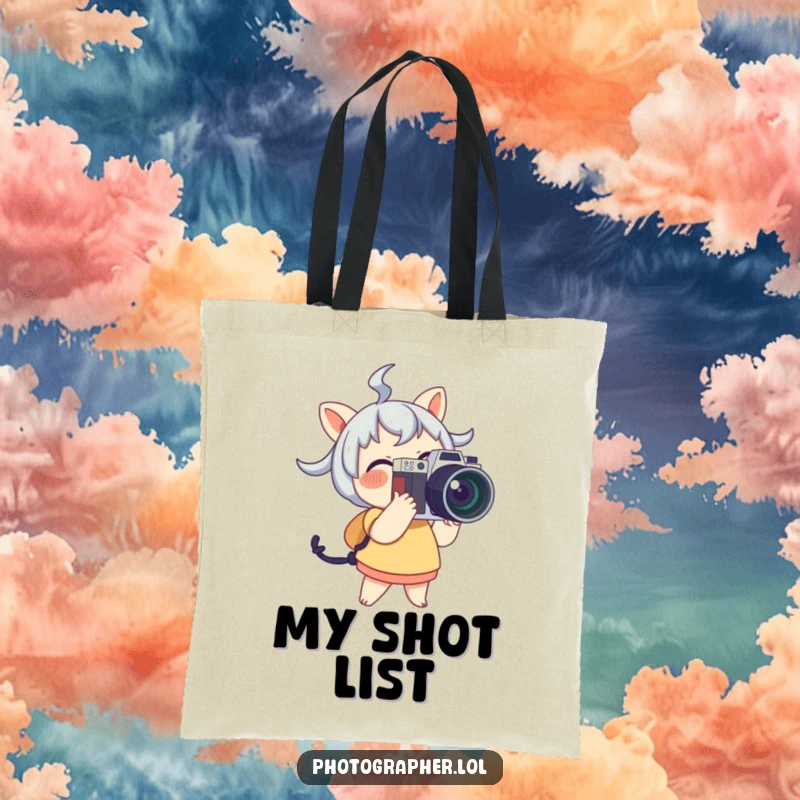 Funny Tote Bag with a cute character joyfully holding a large camera and flash, perfect for carrying photography gear.