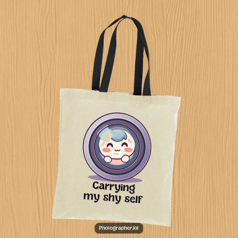 Funny blushing character peeking from behind a large camera lens, a humorous and practical tote bag for shy photographers.