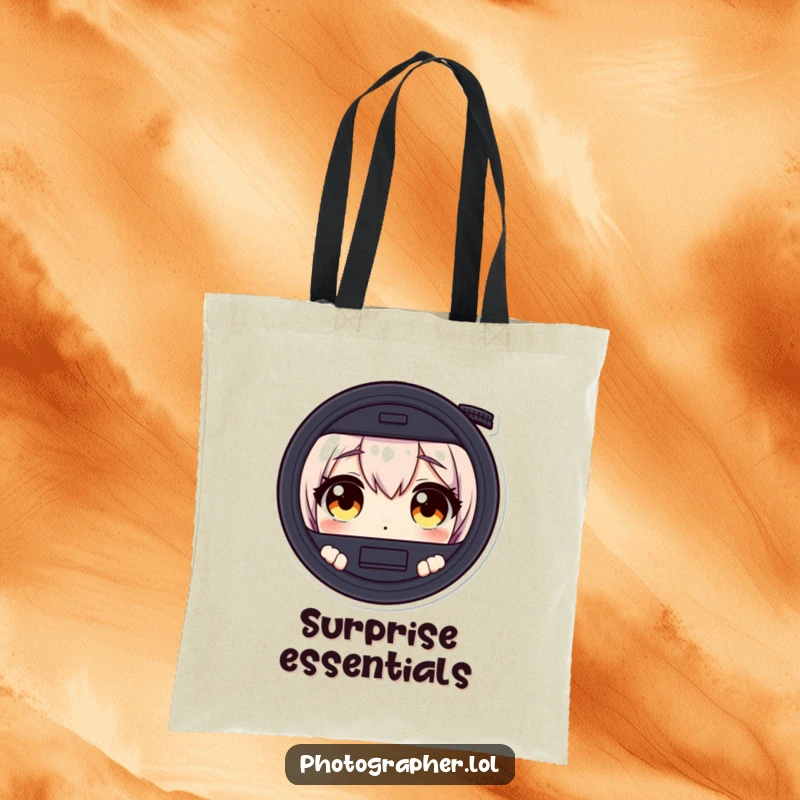 Funny tote bag displaying a character's wide, surprised eyes peering into a camera viewfinder, perfect for photographers.